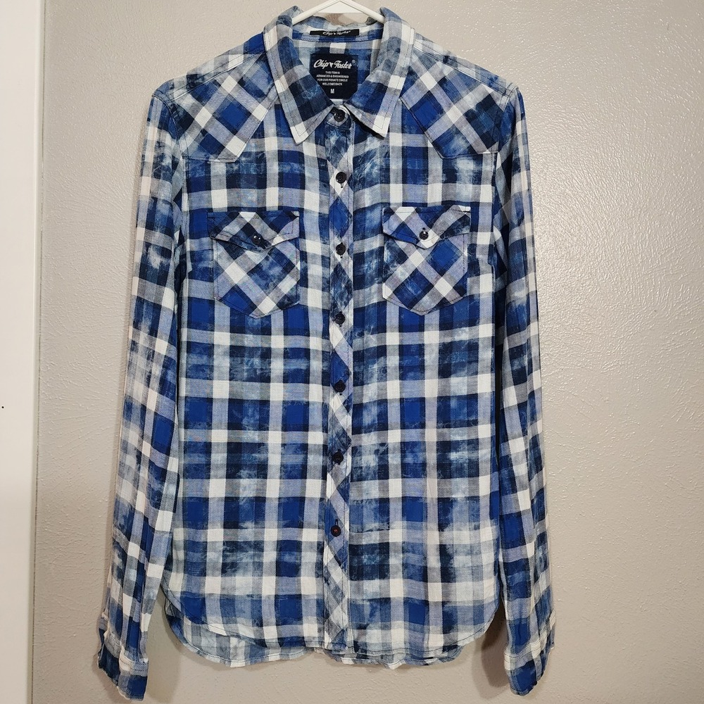 Chip Foster Long Sleeve Button Up Shirt Men's‎ Size Medium Blue And White Plaid